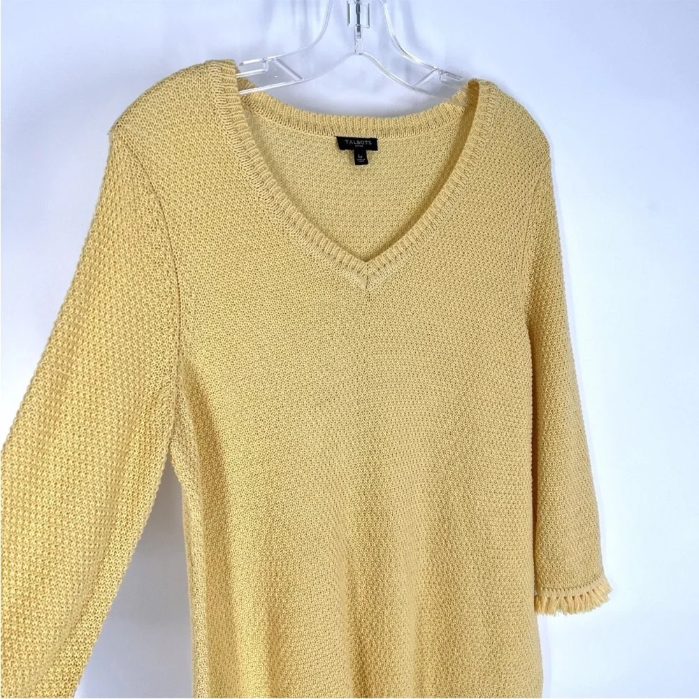 Talbots Cotton Sweater Womens Size Large P Yellow Textured Knit Tassel Accent